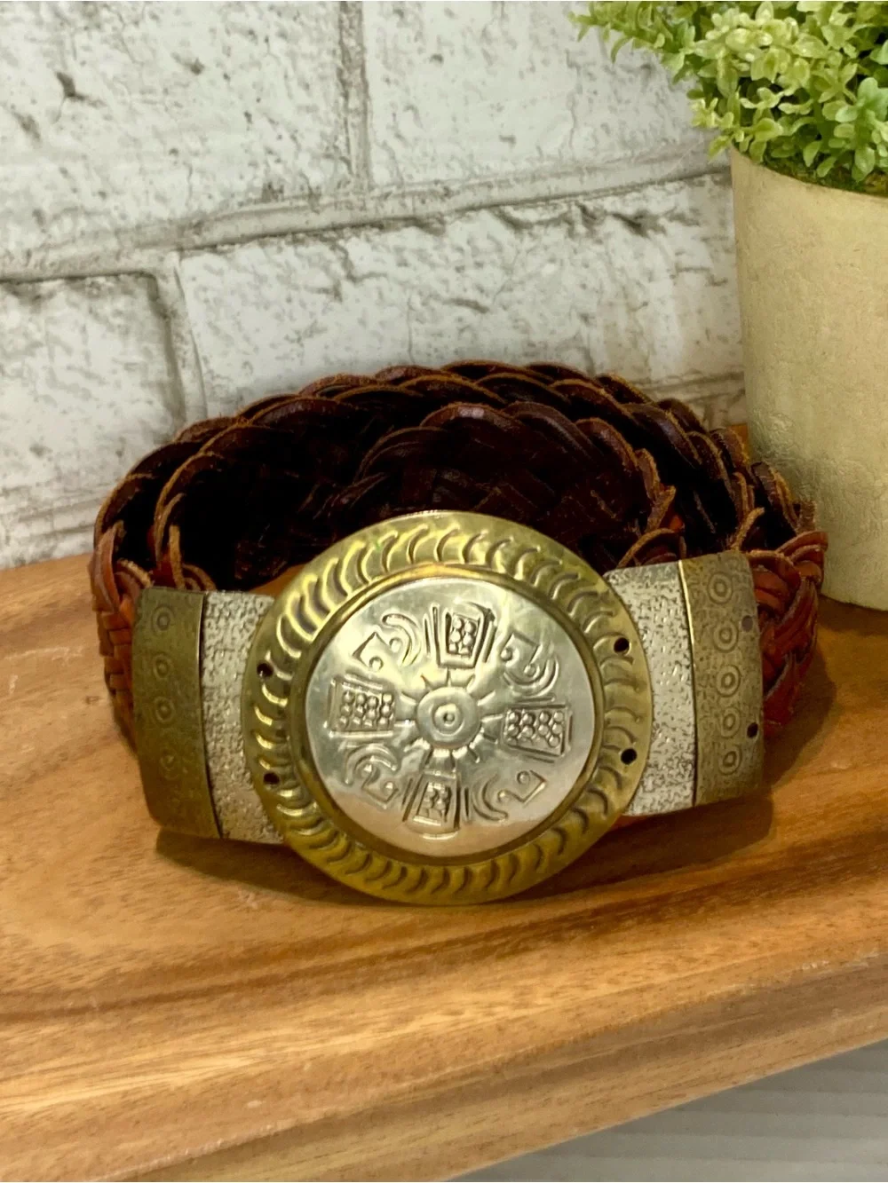 CHICO’S M/L Braided Brown Leather Belt with Ornate Brass Medallion